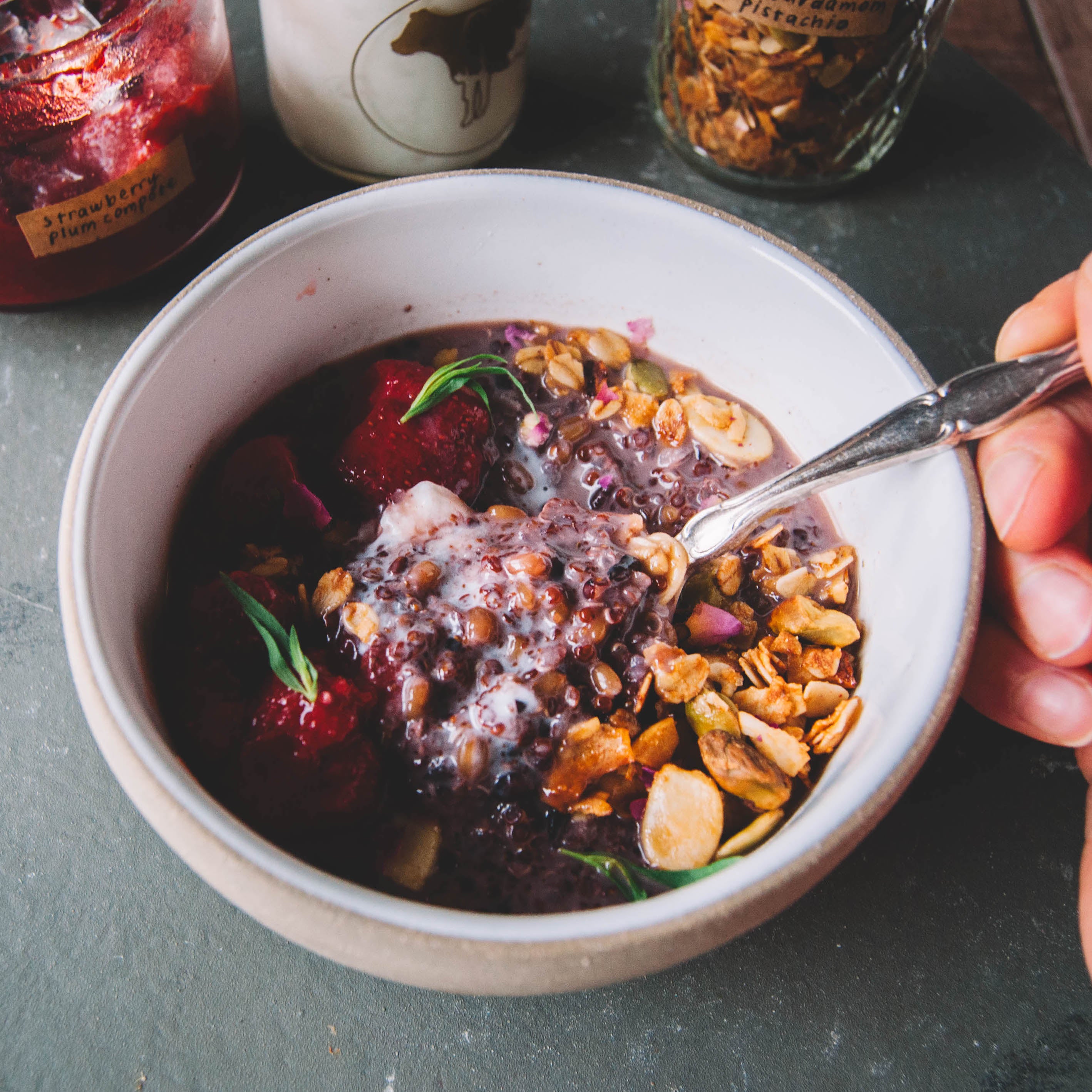 4-Grain Porridge with Coconut Cream, Strawberry Plum Compote & Granola