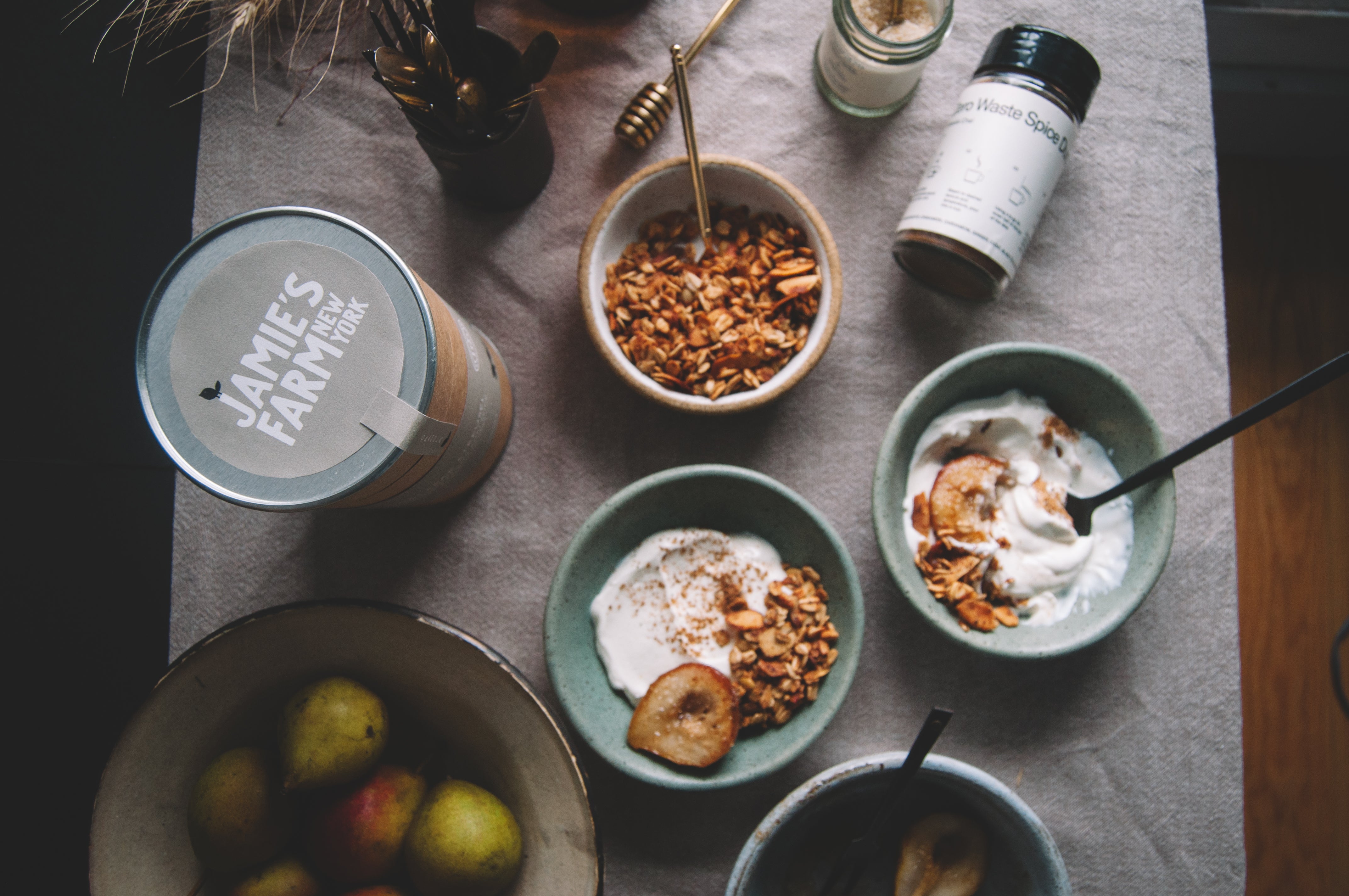 Jamie's Farm New York Caramelized Pear Yogurt Bowl with DONA Drinks Chai Zerowaste Upcycled Spice Dust Pear Chai Streusel Granola