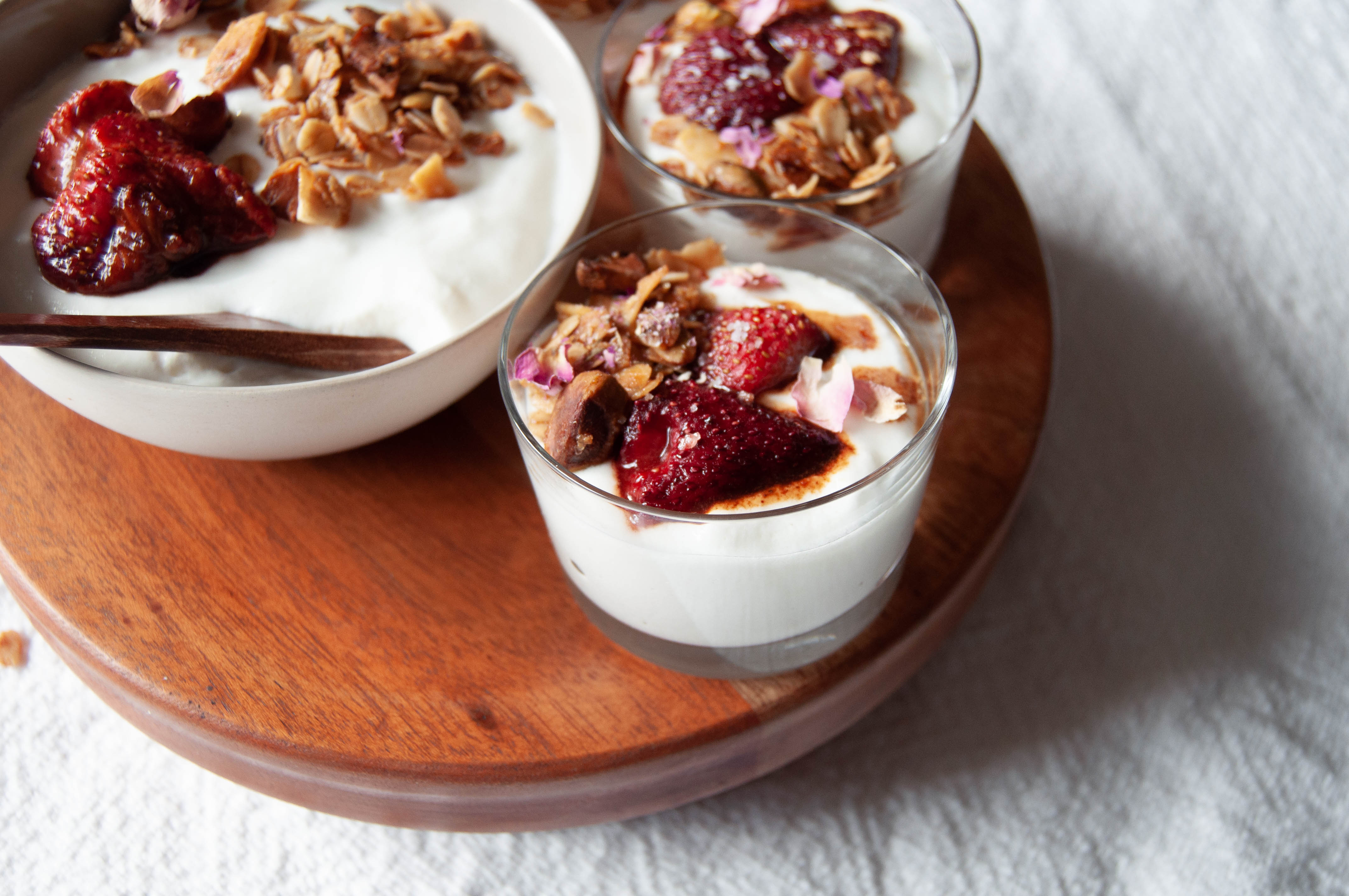 Greek Yogurt Mousse with Wine Roasted Strawberries