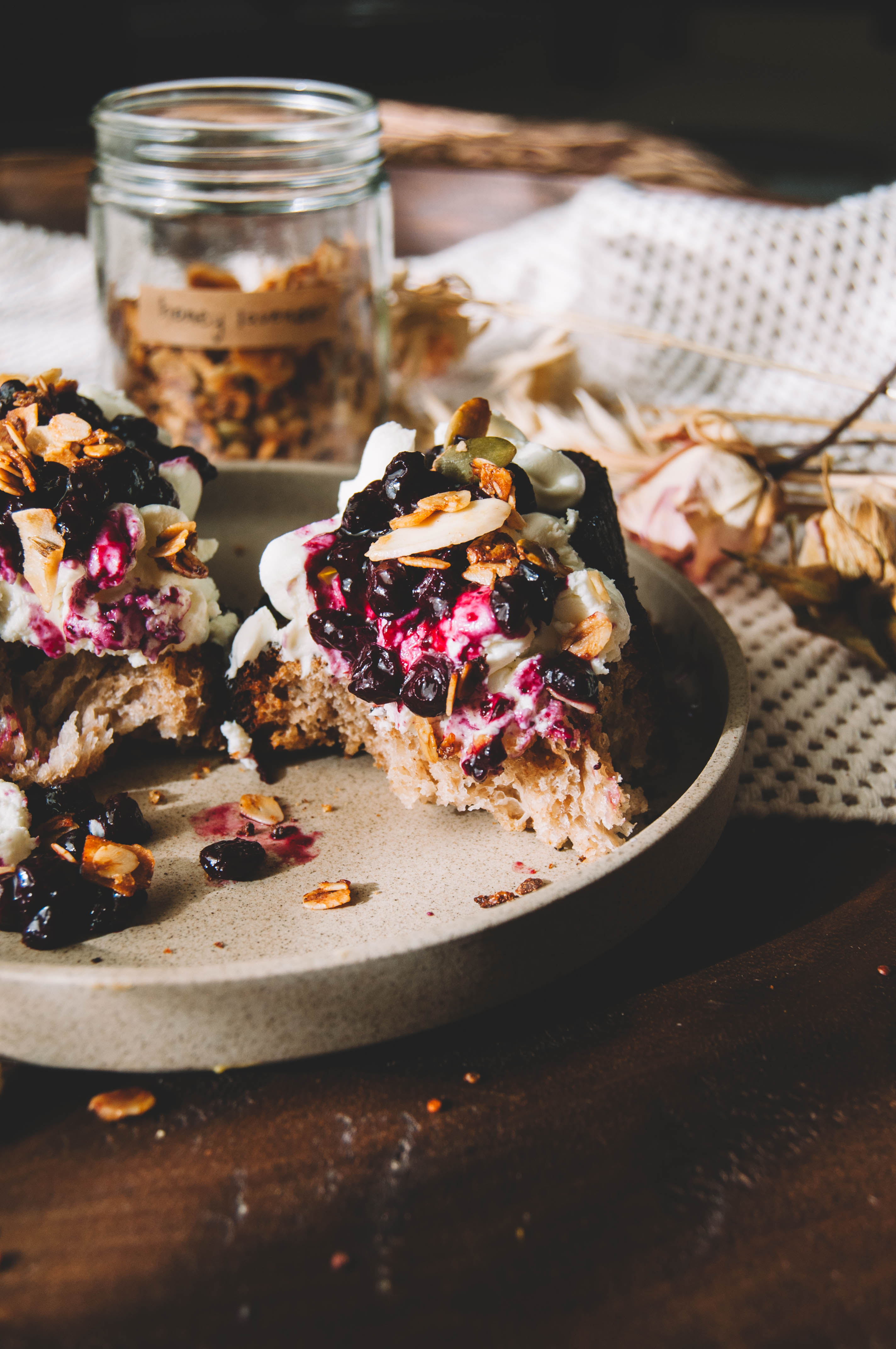 Whipped Goat Cheese Toast with JAMIE'S FARM x Beekman1802 Honey Lavender Granola and Wild Blueberries Goat Poop Jamie's Farm Kim