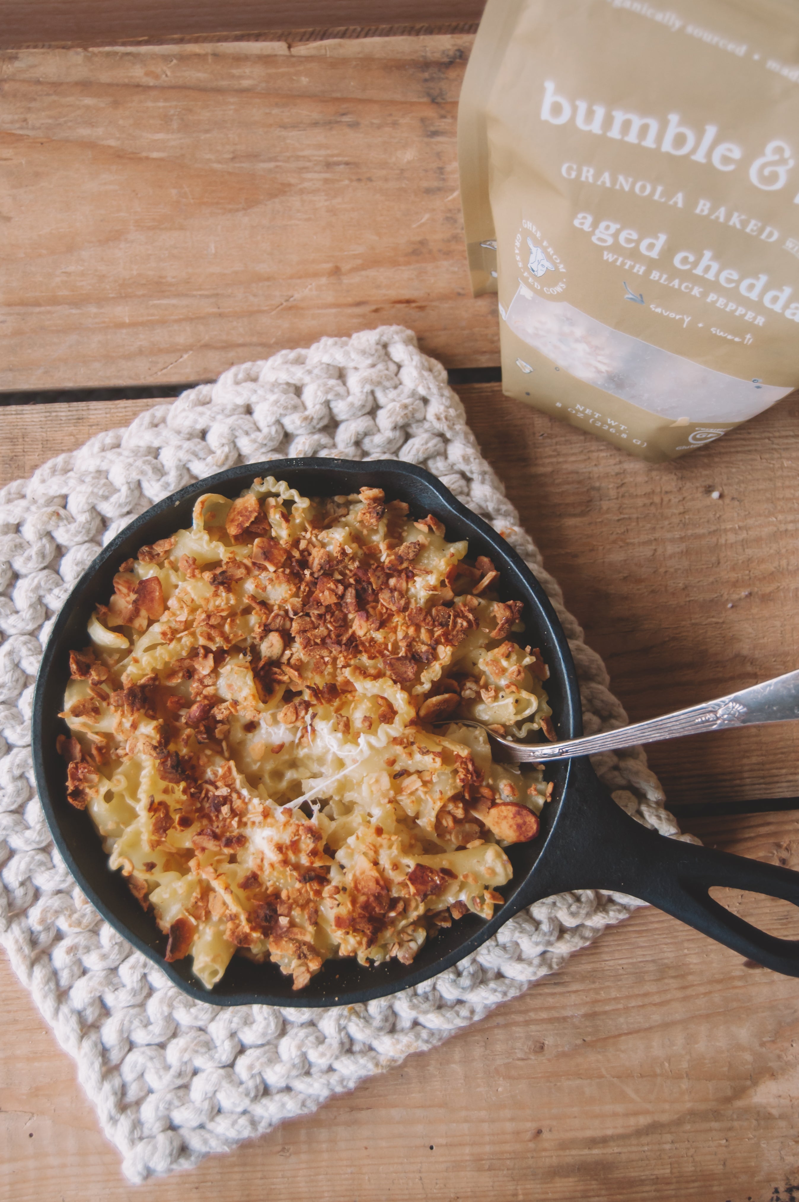 Jamie's Farm Granola - Gluten-Free Crumb Topping Replacement for Panko Crumbs, baked onto Mac & Cheese with Gruyere in a Cast Iron Skillet