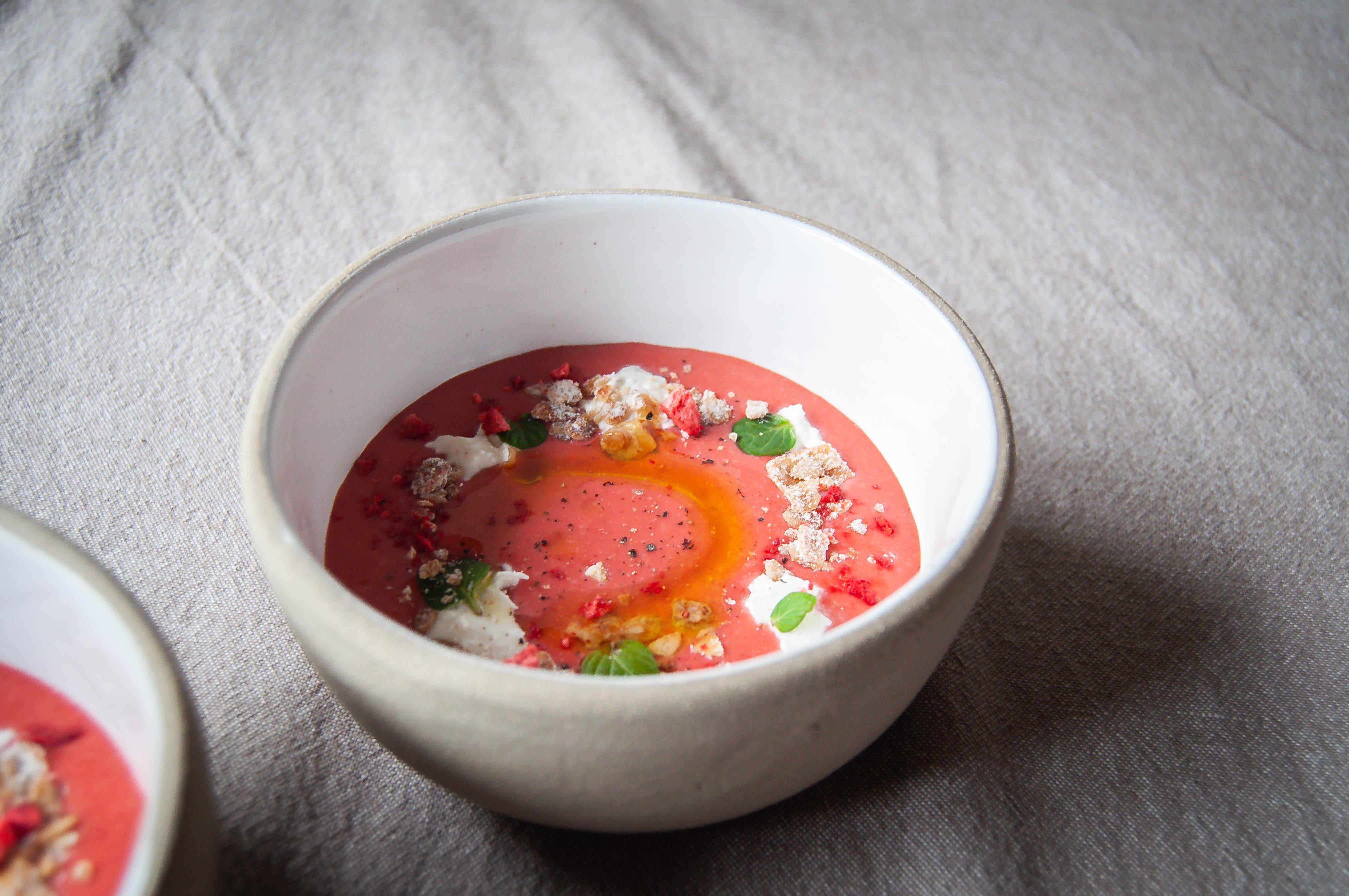 Strawberry Gazpacho with Burrata, Mint & Granola