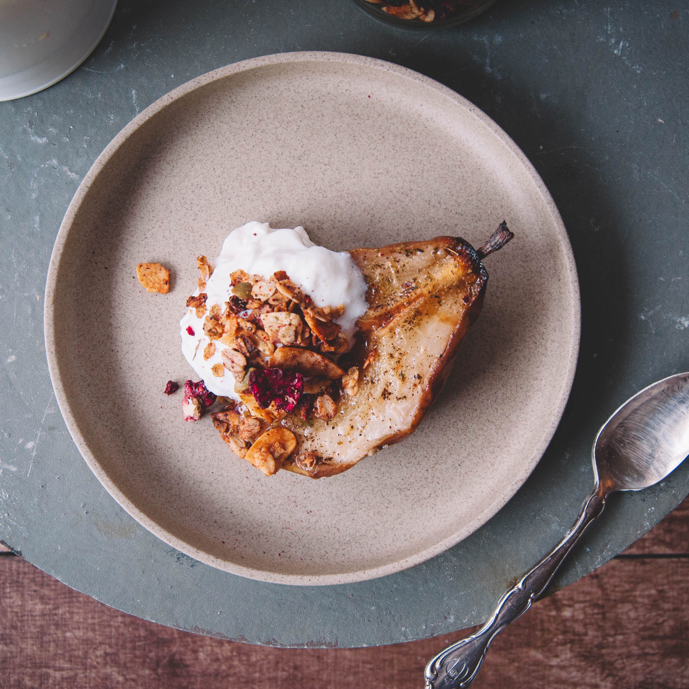 Honey Roasted Pear with Yogurt Mousse & Granola