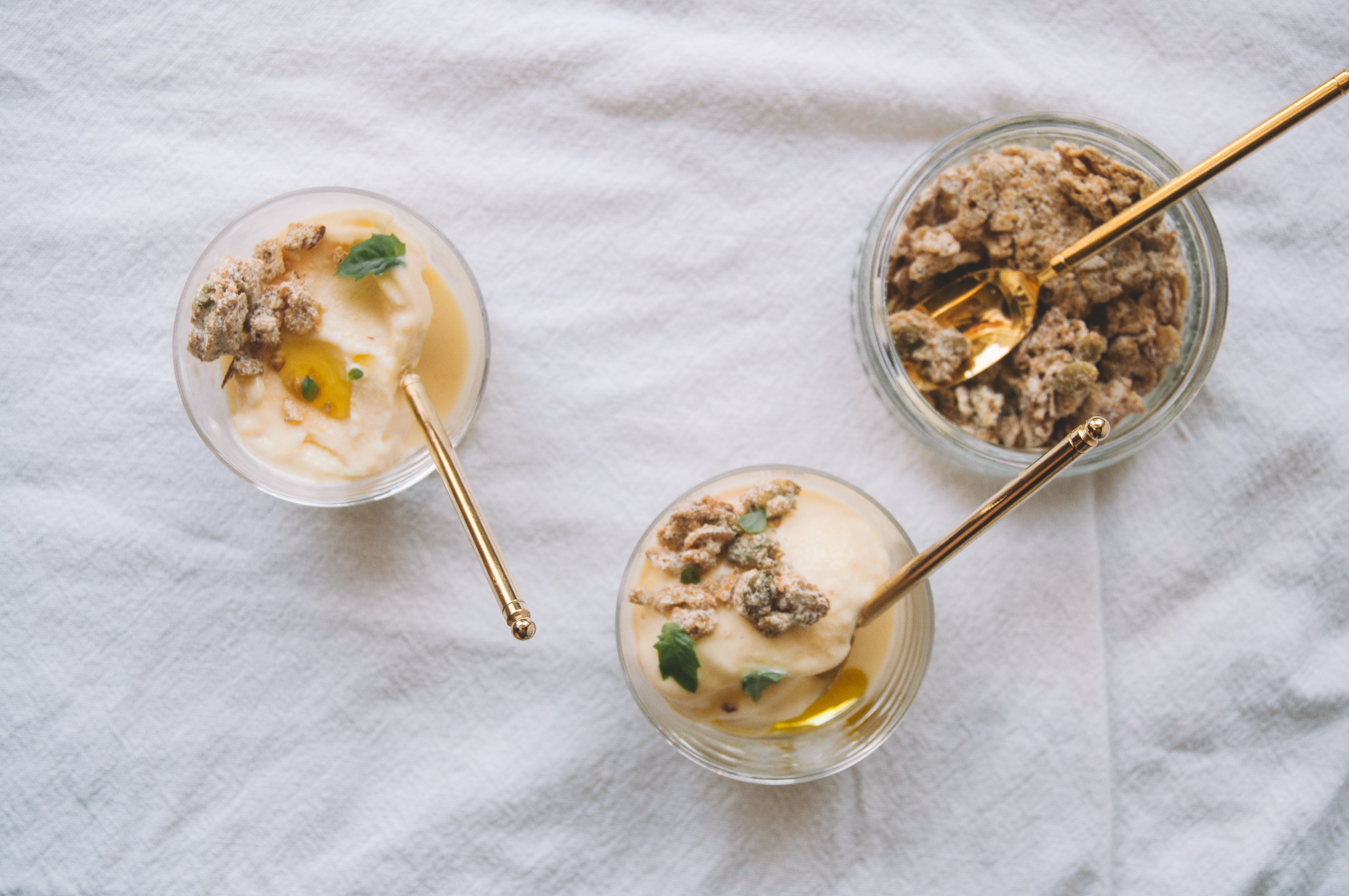 Jamie's Farm New York Recipes | Roasted Peach and Basil Ice Cream with Aged Cheddar Granola | Gluten-Free, Ice Cream Sundaes, Homemade Ice Cream