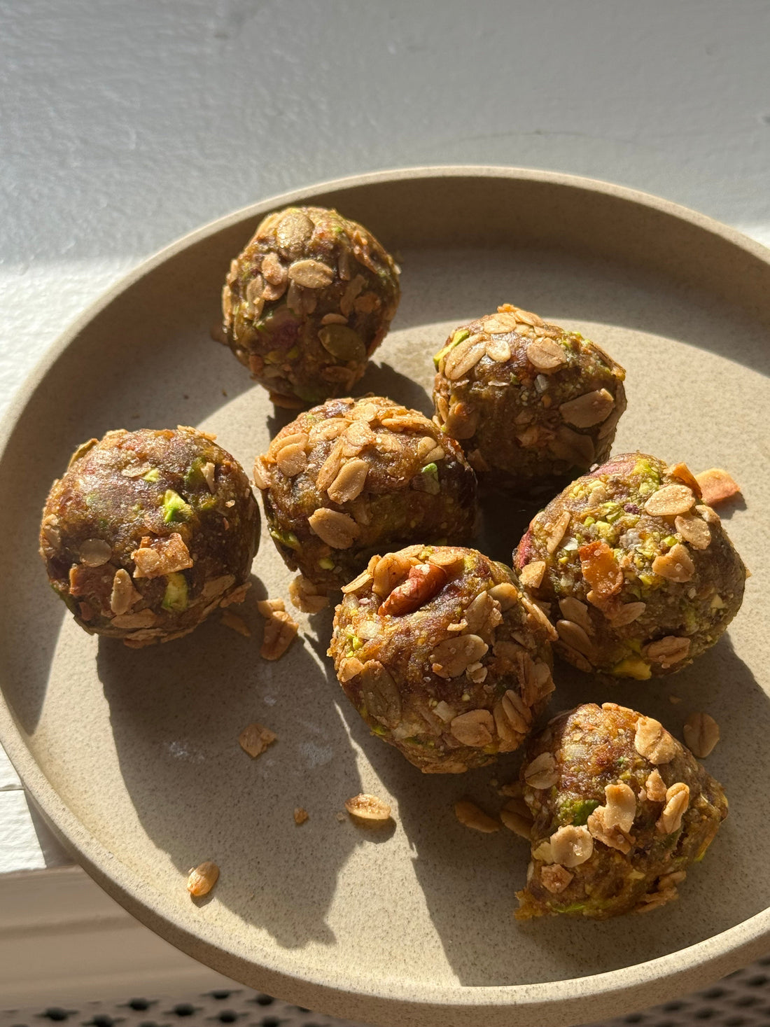 Pistachio Date Balls with Maple Pecan Granola