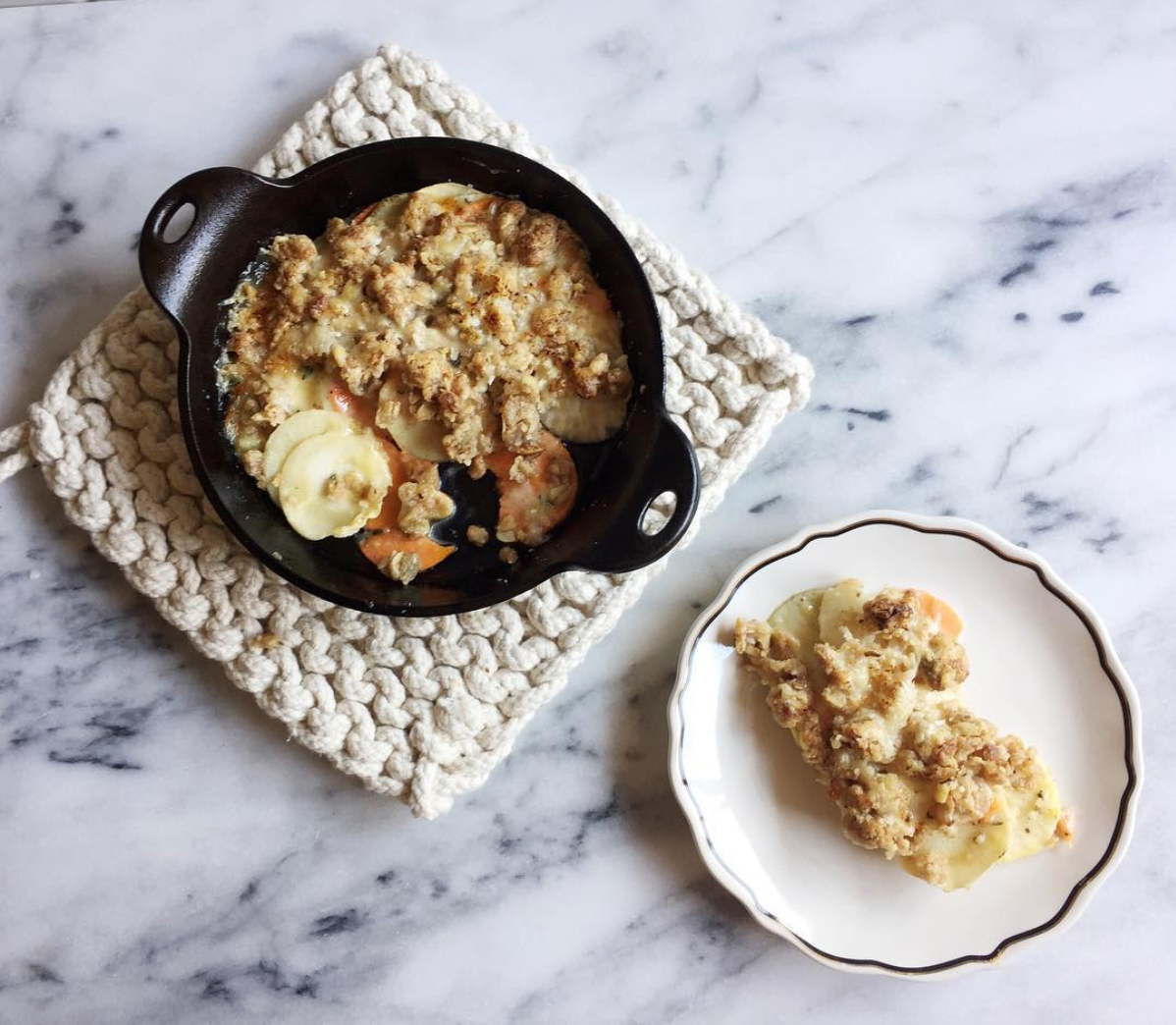 jamie's farm root vegetable gratin local brooklyn new york bumble & butter gluten-free granola aged cheddar battersby recipe autumnal sweet potato turnip rutabaga celery root