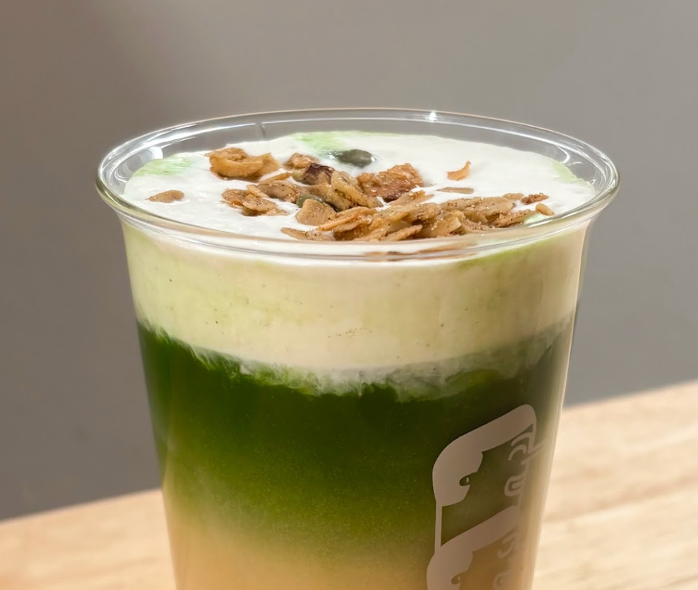 Maple Pecan Granola Matcha Latte with Granola Butter and Granola Cold Foam