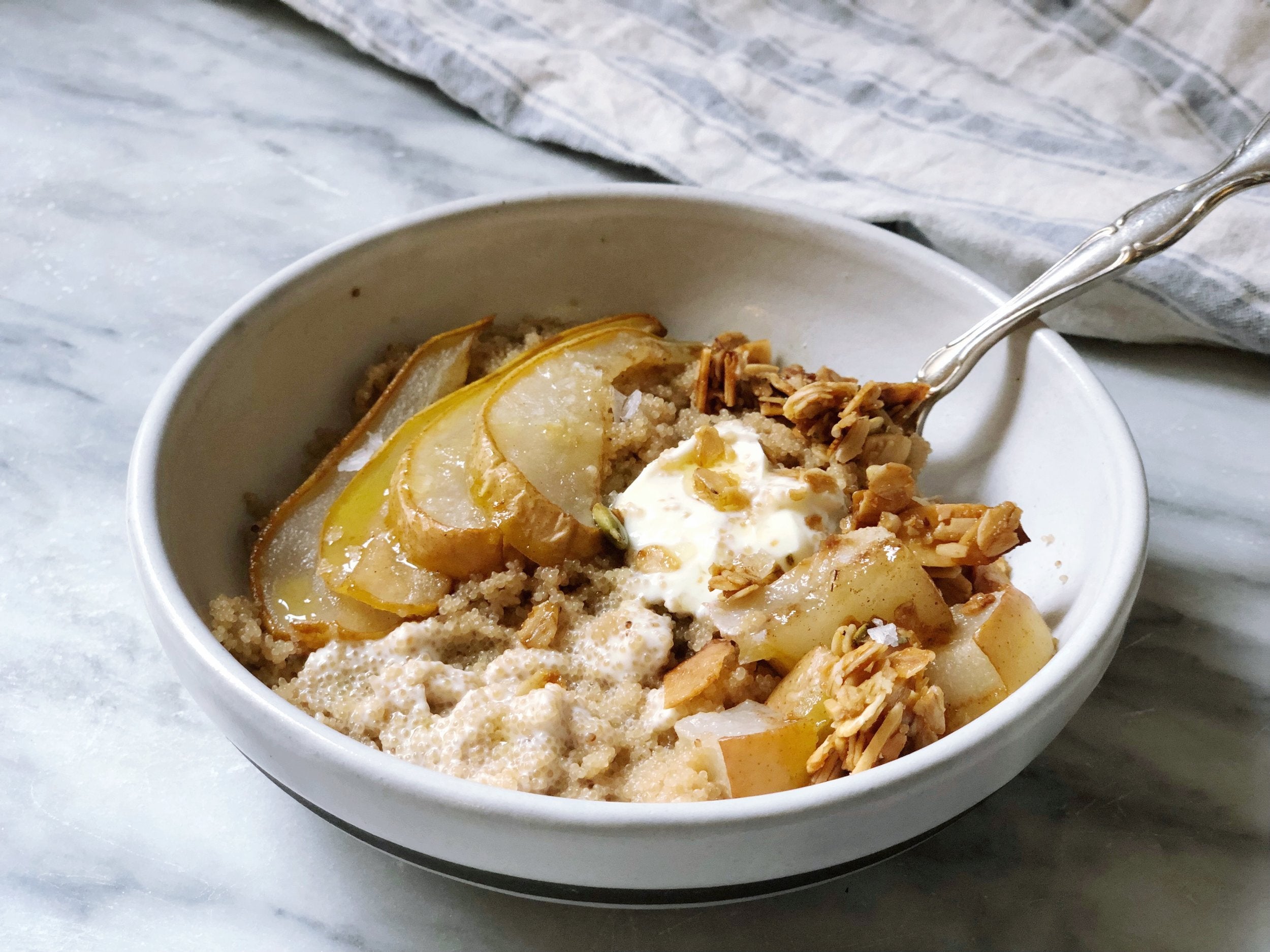 Amaranth Porridge with Ginger, Cinnamon, + Honey-Roasted Pear