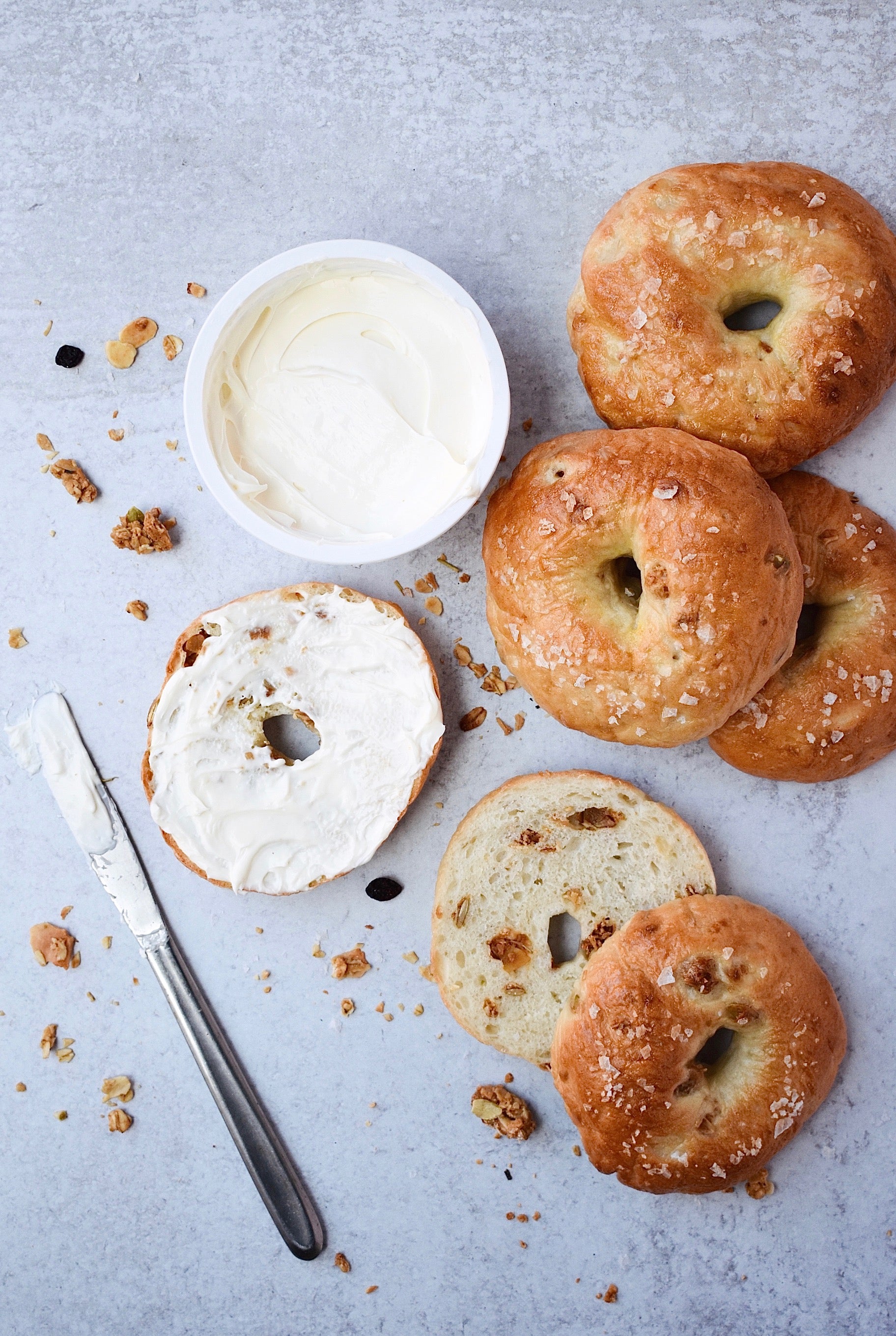 bagels rosemary salt bread baking cream cheese bumble & butter granola baked with ghee