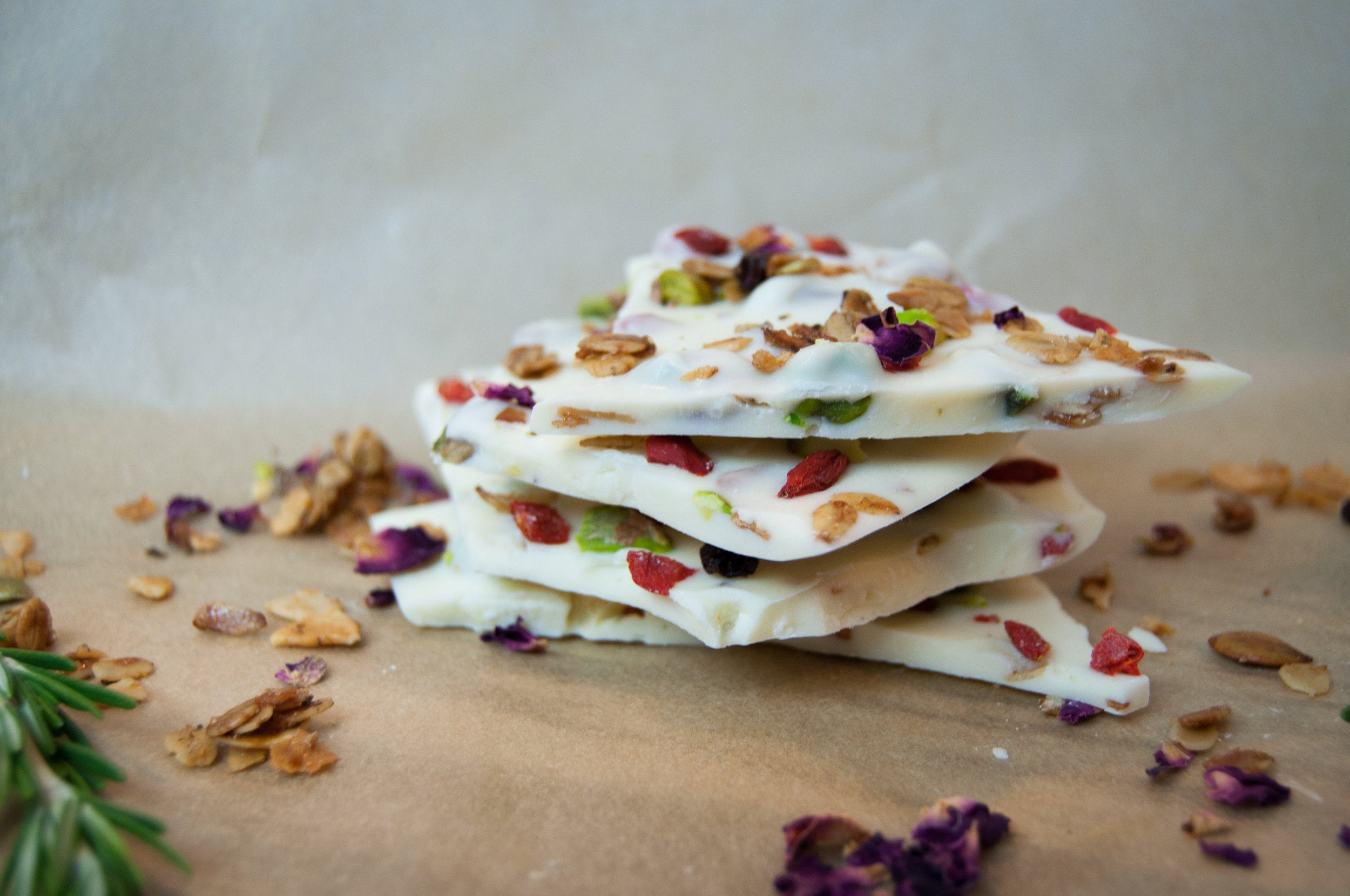 white chocolate goji berry, pistachio, and granola bark