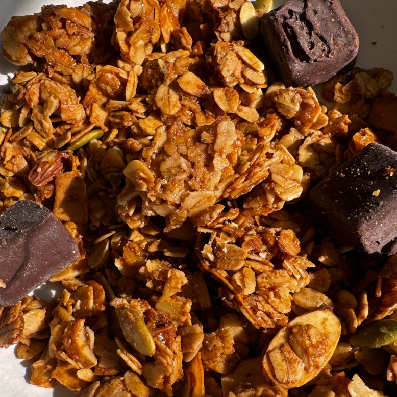 Dark Chocolate Hazelnut Butter Granola with Sea Salt Jamie's Farm x Fine + Raw