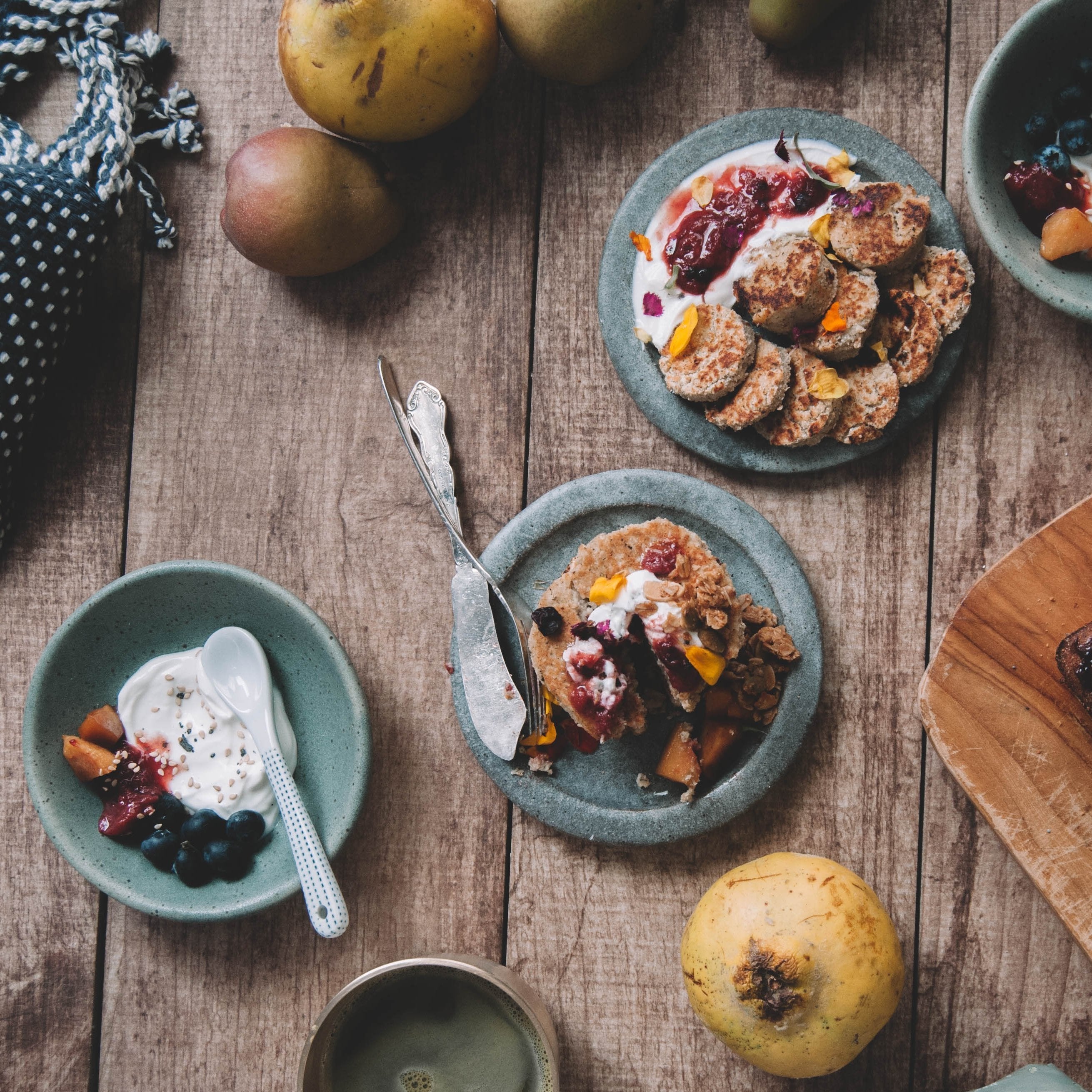 Jamie's Farm Holiday Granolas Breakfast Brunch Spread with pancakes and yogurt and fresh fruit
