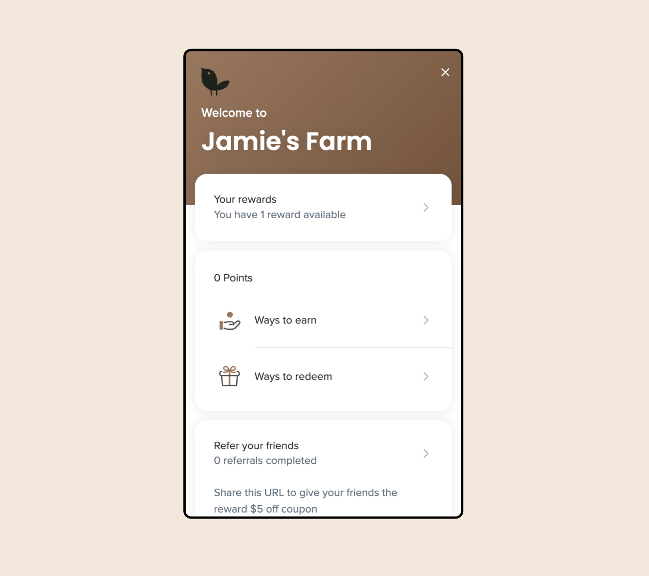 Jamie's Farm Rewards Panel