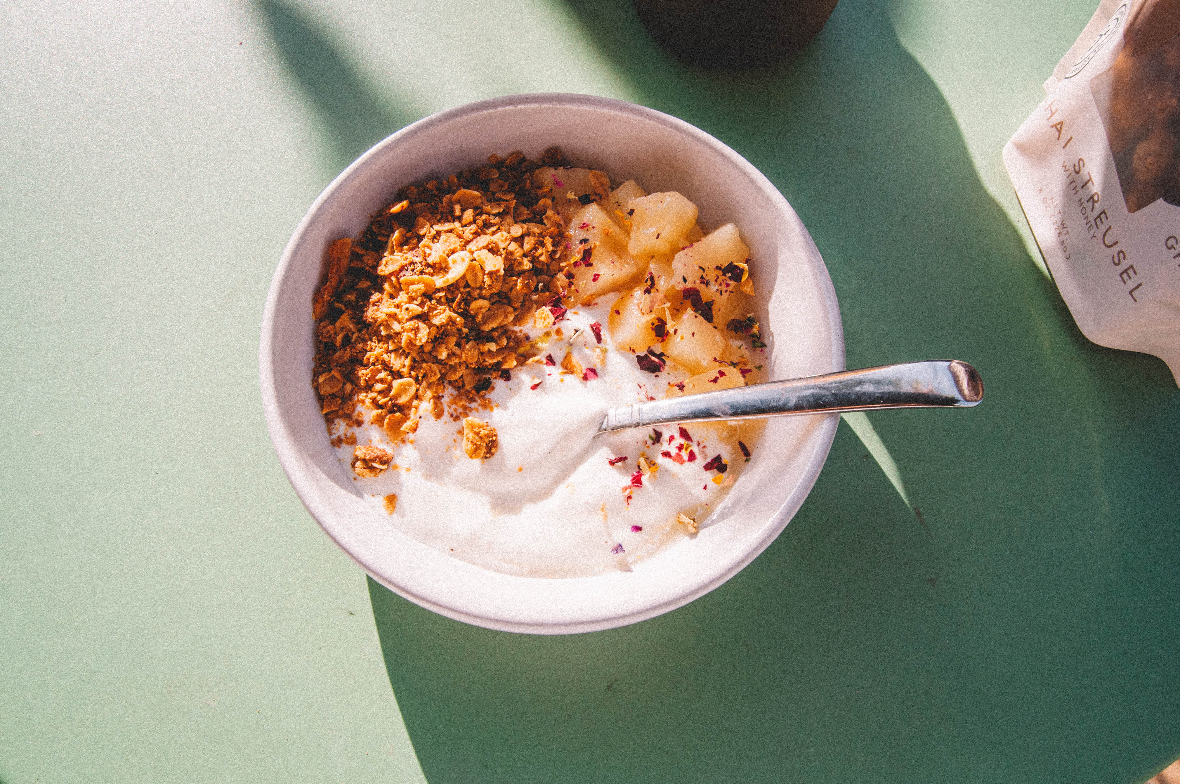 DONA Chai granola parfait with poached pears from Jamie's Farm Granola | Best Ghee Granola Recipe - Best Granola Brand