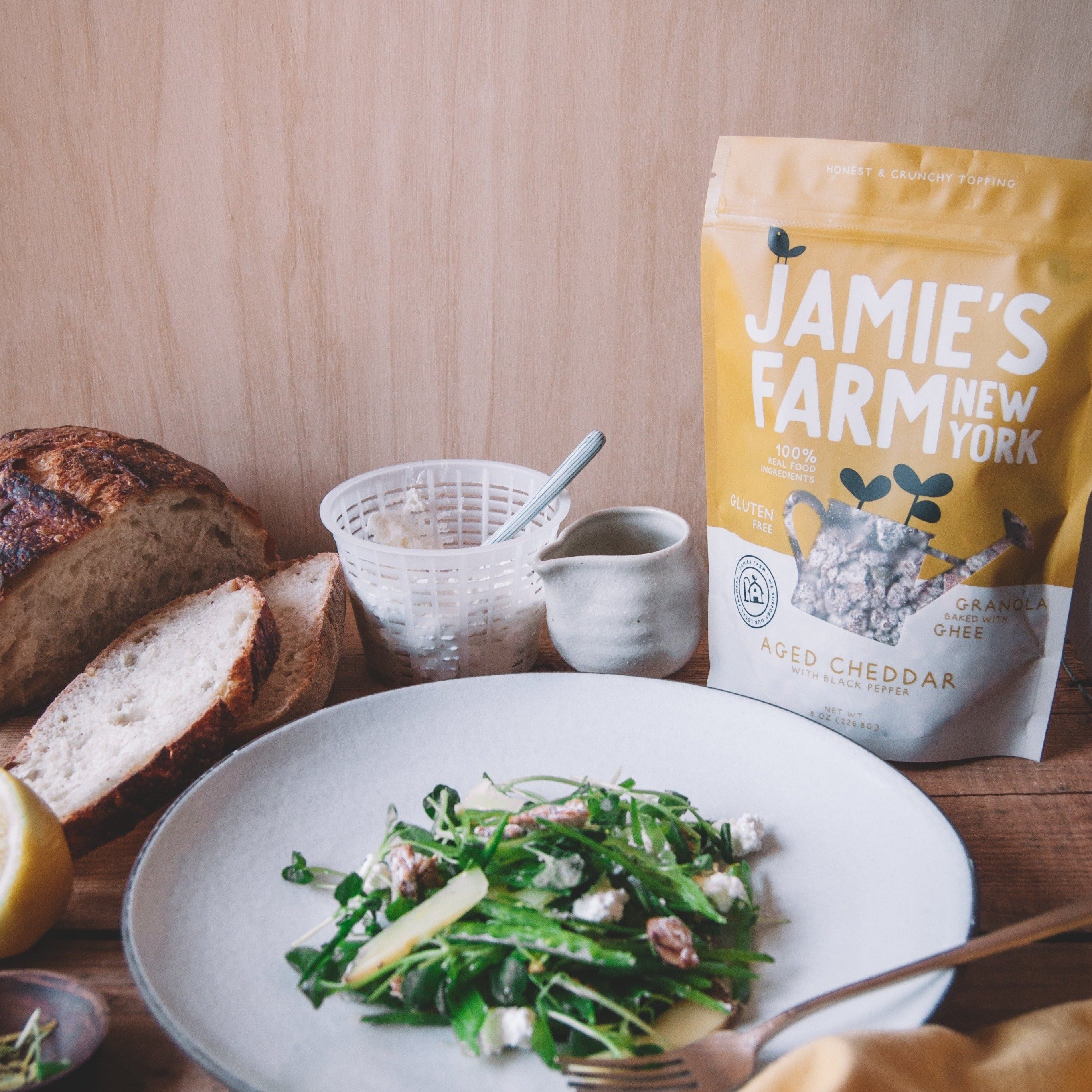 Jamie's Farm Granola Aged Cheddar on Sugar Snap Pea Salad